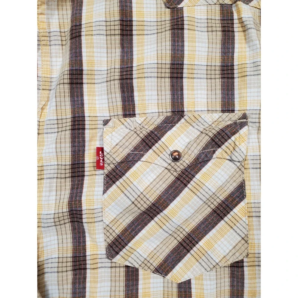 Vintage Levis Authentic Jeans Wear Western Pearl Snap Shirt Brown Plaid Mens XL